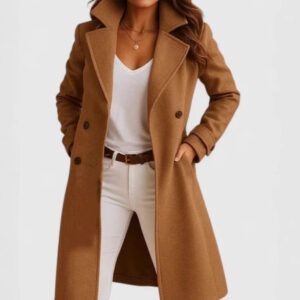Women’s Single Breasted Mid Length Woolen Lapel Coat With Pockets